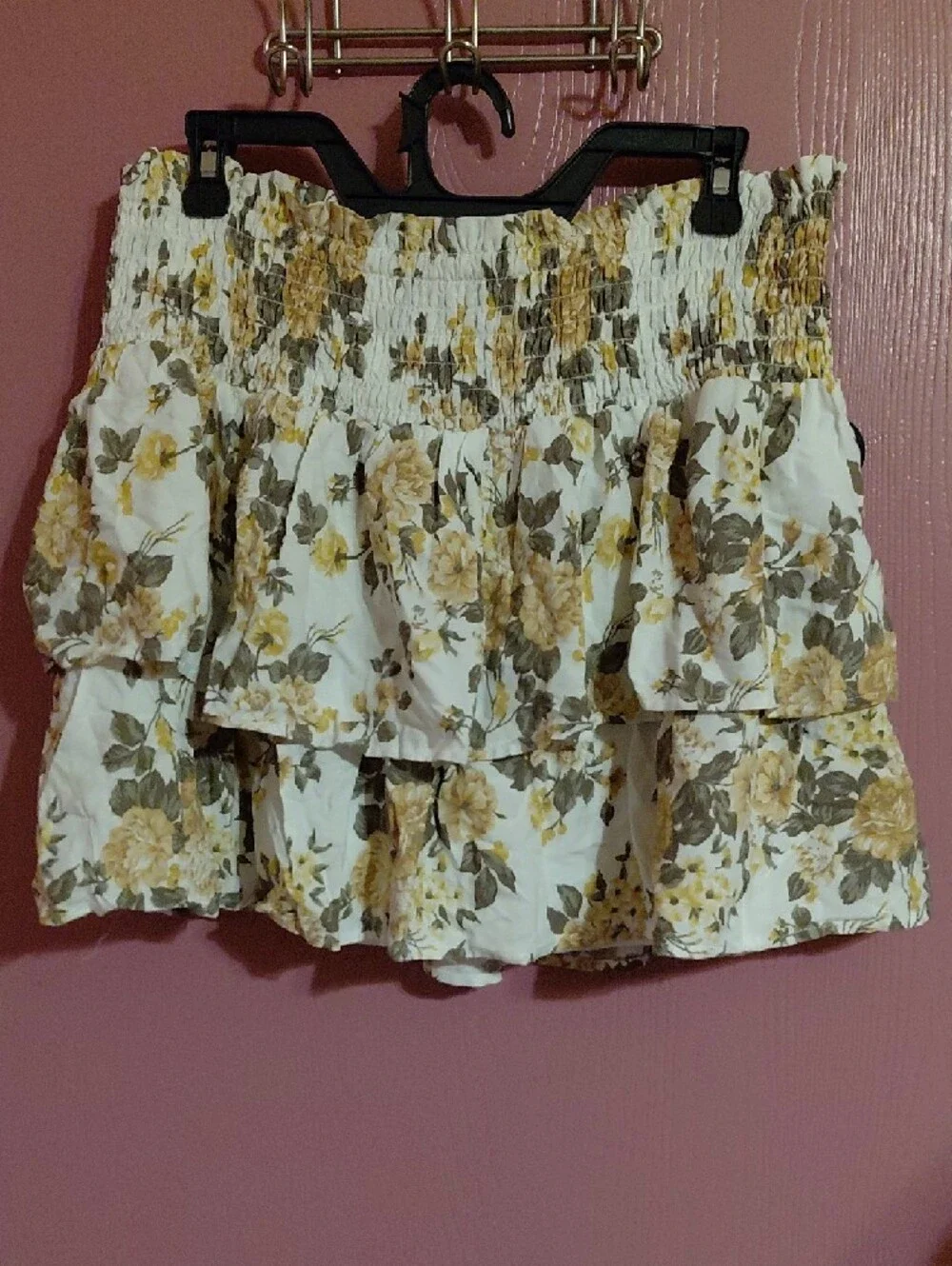 Wallflower White Floral Smocked Skirt with Tan & Olive Accents